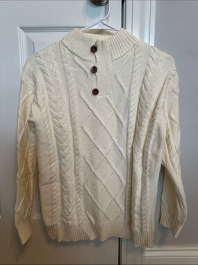 Amazon Ivory Cable-Knit Mock Neck Sweater with Button Placket